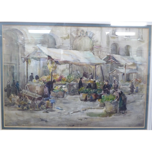 255 - Gwen Nelson - a market scene  watercolour  bears a signature  10