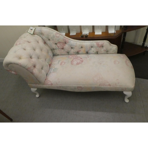 287 - A modern Edwardian style nursery size, chaise longue, decorated in floral patterned, white and paste... 