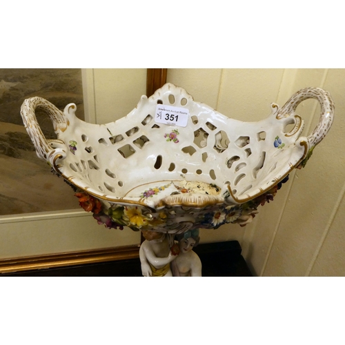 351 - A late 19thC Dresden porcelain table centrepiece with a floral encrusted, pierced basket, elevated o... 