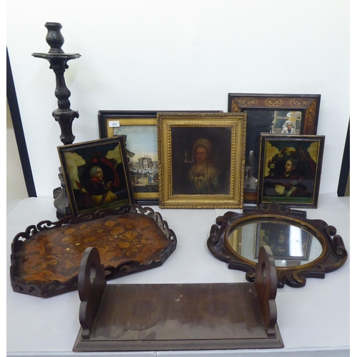 372 - A mixed lot: to include a mahogany serving tray, decorated with floral marquetry  18