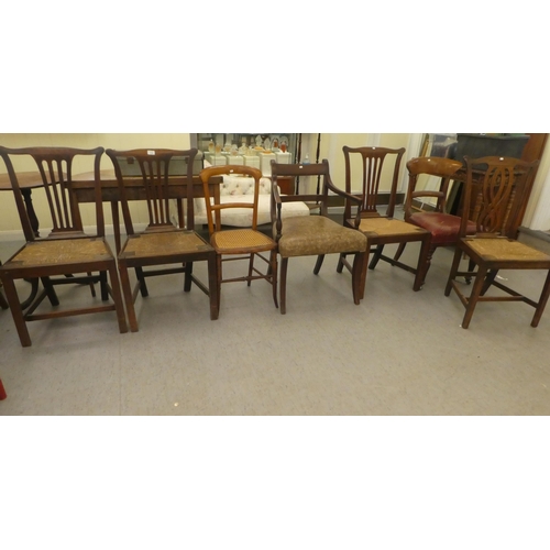 376 - Chairs: to include a late Victorian oak framed bar back dining chair, raised on turned legs