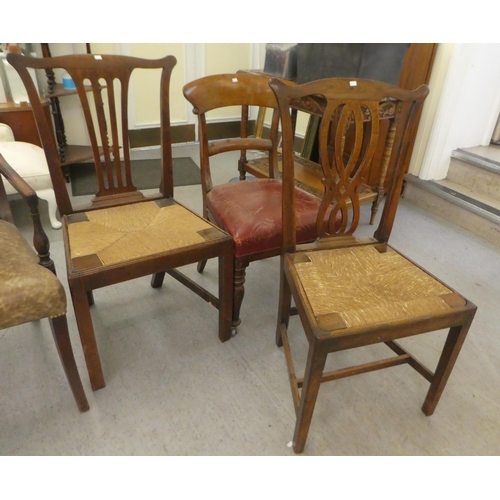 376 - Chairs: to include a late Victorian oak framed bar back dining chair, raised on turned legs