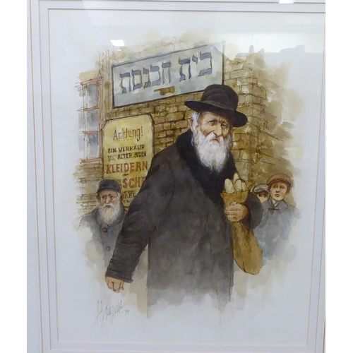 385 - Alex Jokodomov - a study of a bearded man, in a street setting  watercolour  bears a signa... 