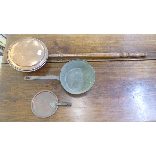 388 - Metalware: to include a late Victorian copper warming pan, on a turned oak handle  41