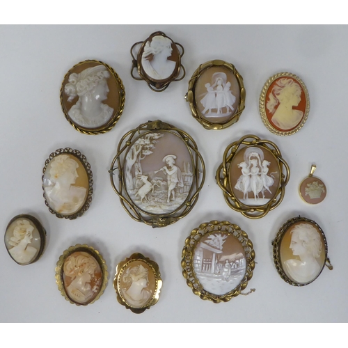 62 - Yellow metal framed, shell carved and similar costume cameo brooches: to include portraits and 'The ... 