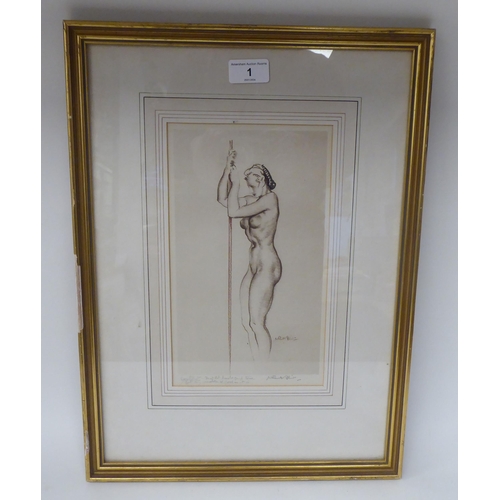 1 - After William Russell Flint - study of a nude, holding onto a pole  drypoint  bears an artist's insc... 