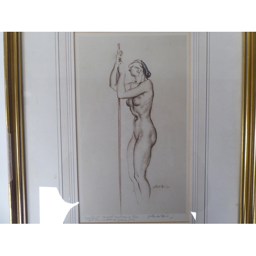 1 - After William Russell Flint - study of a nude, holding onto a pole  drypoint  bears an artist's insc... 