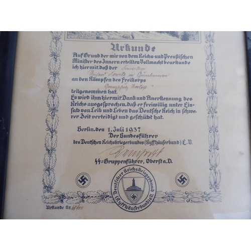 105 - Framed pictures, viz. a 1937 Nazi related certificate  15