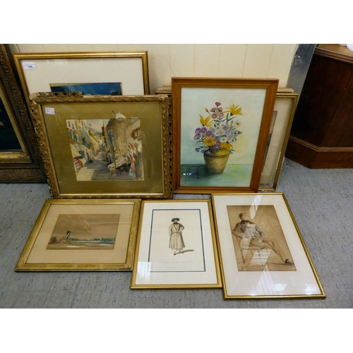 146 - Framed watercolours, prints and oils: to include a Mediterranean market street  9.5