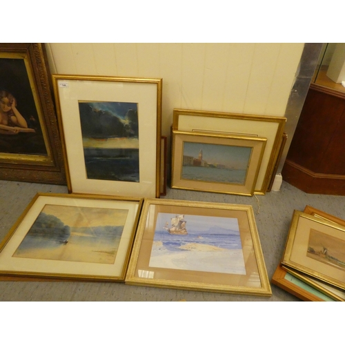 146 - Framed watercolours, prints and oils: to include a Mediterranean market street  9.5