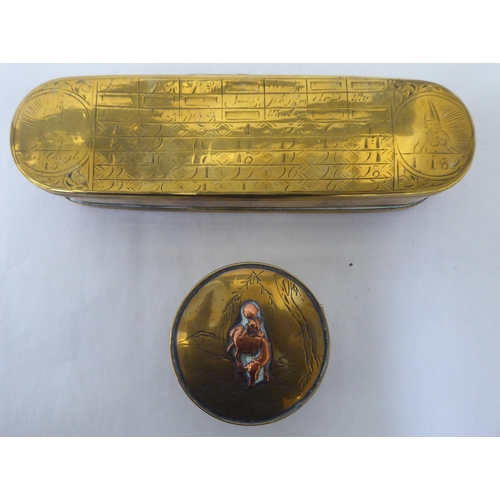 150 - A mixed lot: to include a late 18thC Dutch, oval engraved brass tobacco box; and a late 19thC Stewar... 