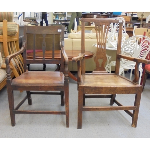 161 - Two 19thC fruitwood framed dining chairs, viz. one with open arms and a hollow seat, the other with ... 