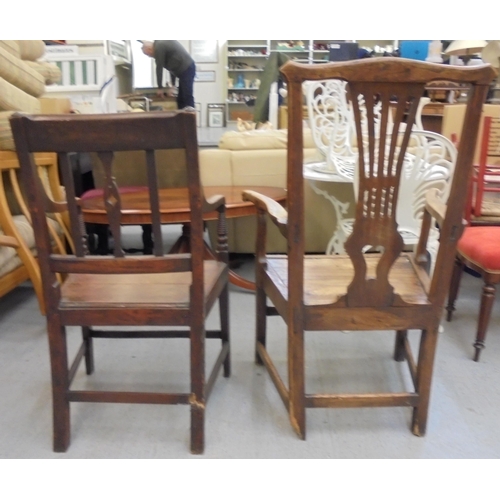 161 - Two 19thC fruitwood framed dining chairs, viz. one with open arms and a hollow seat, the other with ... 