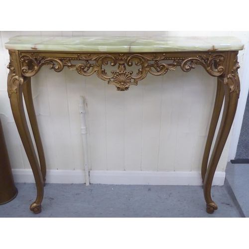 176 - A modern giltwood console table with a green onyx top, raised on cabriole legs  35