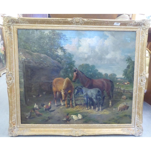 199 - JF Herring - a study of horses and ducks in a field  oil on canvas  bears a signature & a label ... 