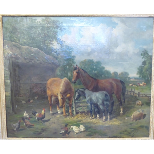 199 - JF Herring - a study of horses and ducks in a field  oil on canvas  bears a signature & a label ... 