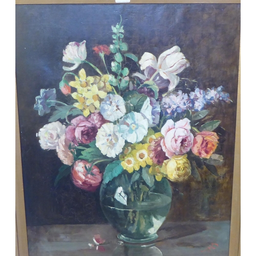 200 - A still life study of flowers in a vase  oil on canvas  29