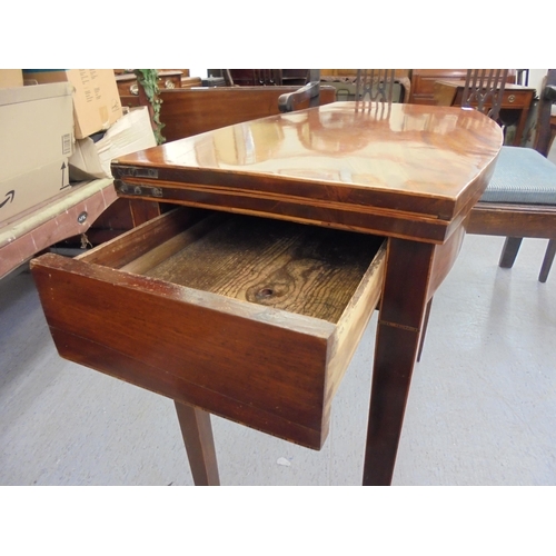 209 - An early 19thC mahogany bow front card table with a foldover top, raised on square legs  29