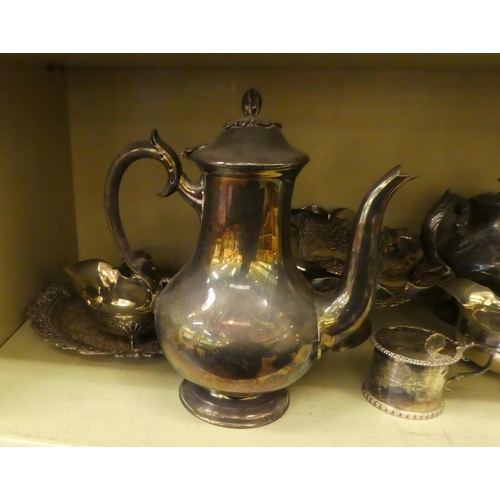 220 - EPNS and silver plated tableware: to include teapots; and a tazza  largest 10.5