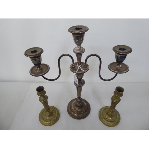 235 - A silver plated three branch candelabra, decorated with beading  17.5