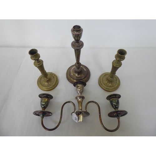 235 - A silver plated three branch candelabra, decorated with beading  17.5