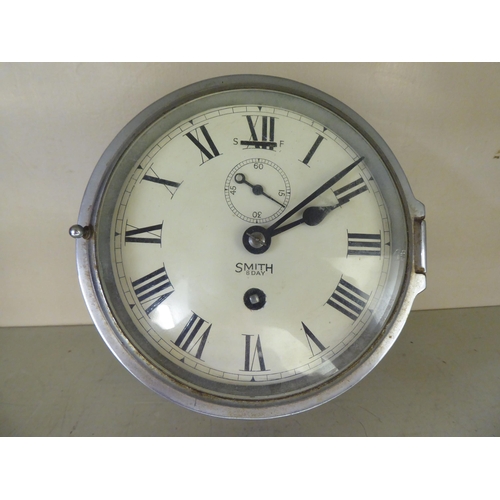 39 - Clocks: to include a Smith 8 day brass bulkhead timepiece  7