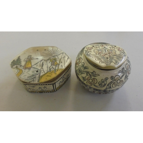 218 - A mixed lot: to include a carved bone pillbox, decorated with birds and flora  1.5