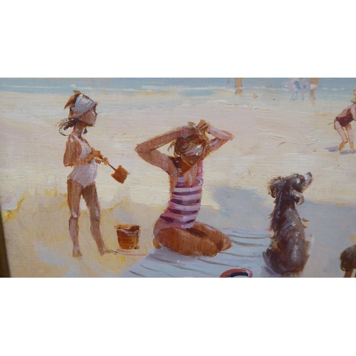 11 - John Haskins - a family playing on a sandy beach  oil on board  bears a signature  15... 