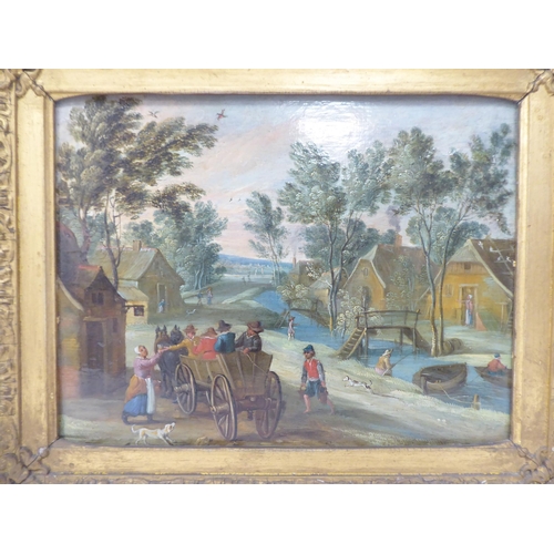 120 - 18thC European School - figures in and beside a cart, on a track by a village canal  oil on panel  7... 