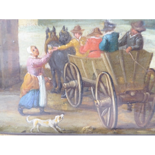 120 - 18thC European School - figures in and beside a cart, on a track by a village canal  oil on panel  7... 