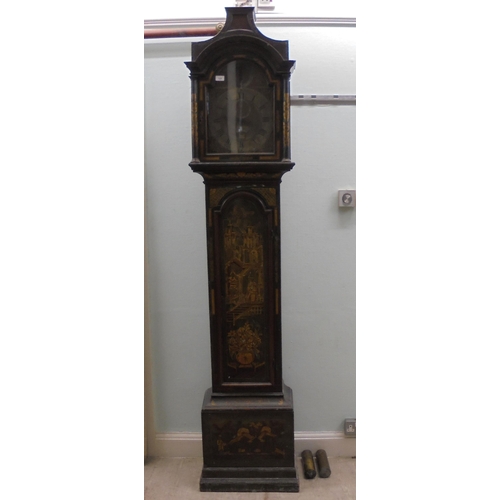 125 - A late 18thC longcase clock, decorated in lacquered and gilded chinoiserie ornament, the pagoda top ... 