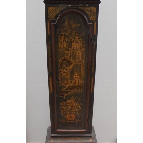 125 - A late 18thC longcase clock, decorated in lacquered and gilded chinoiserie ornament, the pagoda top ... 