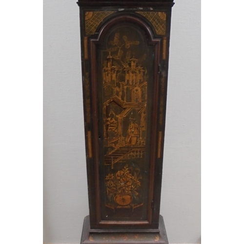 125 - A late 18thC longcase clock, decorated in lacquered and gilded chinoiserie ornament, the pagoda top ... 