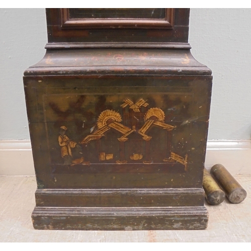 125 - A late 18thC longcase clock, decorated in lacquered and gilded chinoiserie ornament, the pagoda top ... 