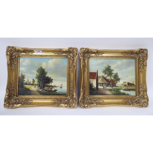 129 - A pair of reproductions of 19thC scenes with figures and small craft on calm water  oil on pane... 