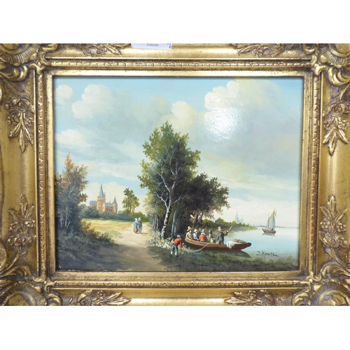 129 - A pair of reproductions of 19thC scenes with figures and small craft on calm water  oil on pane... 