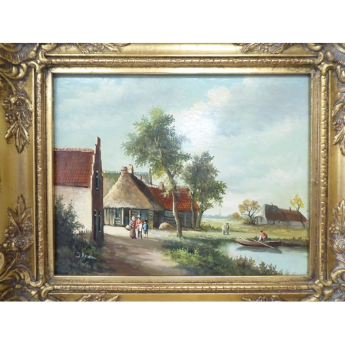 129 - A pair of reproductions of 19thC scenes with figures and small craft on calm water  oil on pane... 