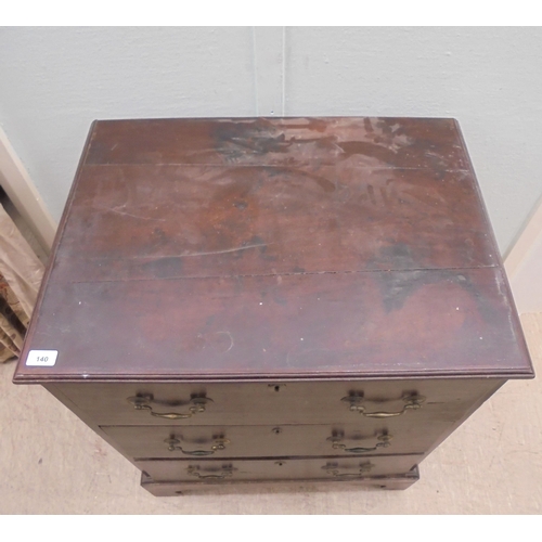 140 - A 19thC mahogany three deep drawer pedestal chest with cast brass bail handles, raised on bracket fe... 