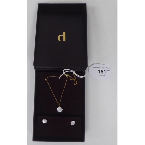 151 - A suite of 18ct gold jewellery, viz. a pair of white stone set earrings and a pendant, on a fine nec... 