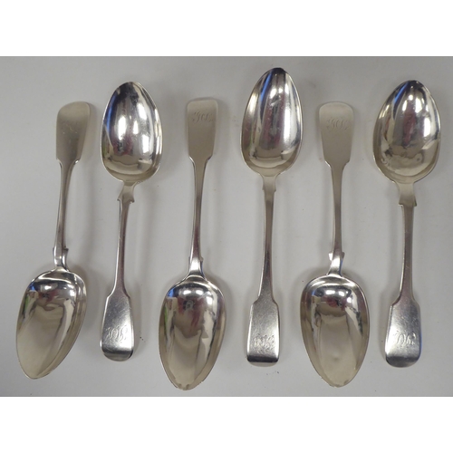 178 - A matched set of six Victorian silver fiddle pattern dessert spoons  mixed marks  (combine... 