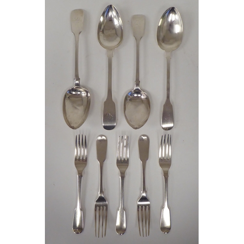 181 - 19thC matched silver fiddle pattern flatware, viz. four tablespoons and five dessert forks  mix... 