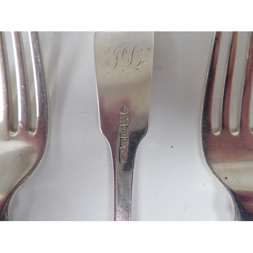 181 - 19thC matched silver fiddle pattern flatware, viz. four tablespoons and five dessert forks  mix... 