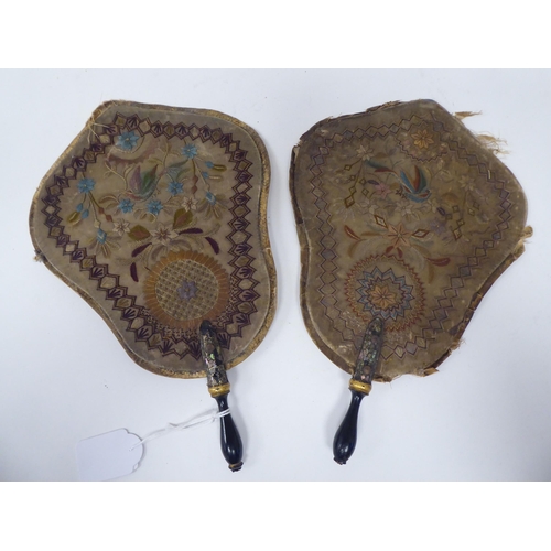 195 - A pair of late 18th/early 19thC embroidered silk cartel shape, handheld face screens, decorated with... 