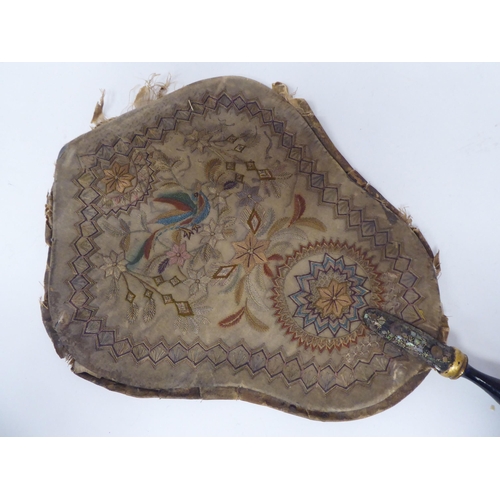 195 - A pair of late 18th/early 19thC embroidered silk cartel shape, handheld face screens, decorated with... 