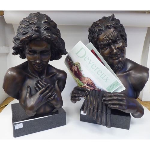 234 - Glenis Devereaux - two cast bronze busts 'Pan' and 'Syrinx'  bearing signatures  the socle... 