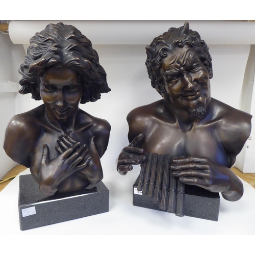 234 - Glenis Devereaux - two cast bronze busts 'Pan' and 'Syrinx'  bearing signatures  the socle... 