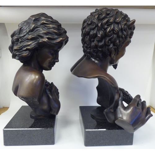 234 - Glenis Devereaux - two cast bronze busts 'Pan' and 'Syrinx'  bearing signatures  the socle... 