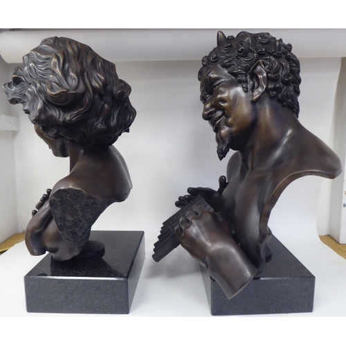 234 - Glenis Devereaux - two cast bronze busts 'Pan' and 'Syrinx'  bearing signatures  the socle... 