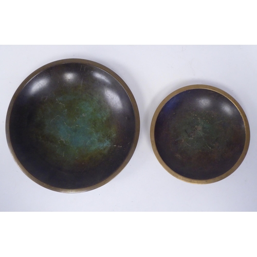 236 - A Just Anderson part-patinated green and brown bronze, footed, shallow dish with a narrow, flat rim ... 