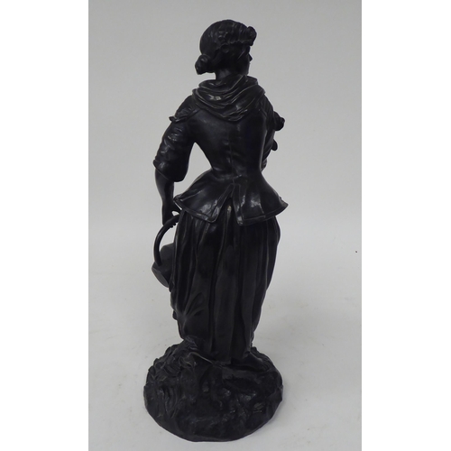 249 - E Blavier - a black painted bronze figure, a young woman holding a watering can, standing on a natur... 